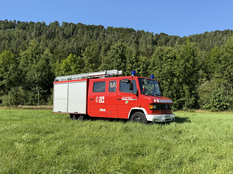 Löschfahrzeug Seitenansicht auf einer Wiese. Zwei Rolltore im hinteren Beriech. Leiter auf dem Dach. 