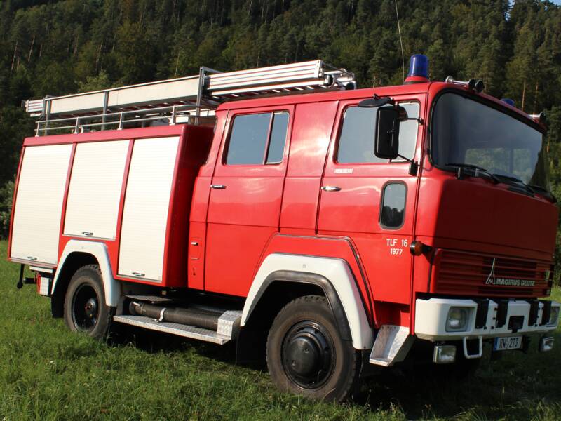 Älteres rotes Feuerwehrauto mit Seitenansicht steht auf einer Wiese mit Wald im Hintergrund. Das Feuerwehrauto hat drei Rolltüren an der Seite und eine Leiter auf dem Dach. 