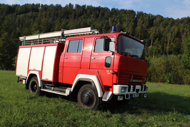 Älteres rotes Feuerwehrauto mit Seitenansicht steht auf einer Wiese mit Wald im Hintergrund. Das Feuerwehrauto hat drei Rolltüren an der Seite und eine Leiter auf dem Dach. 