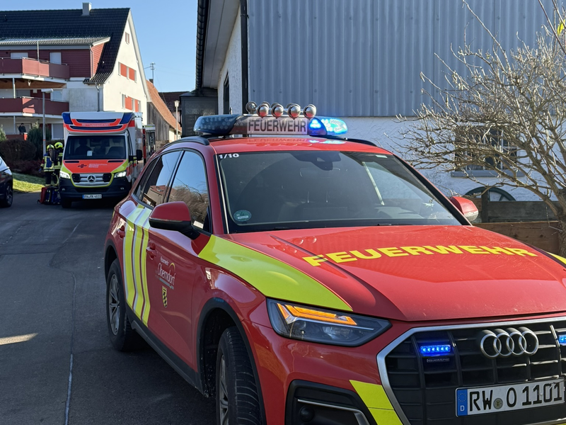 Kommandowagen an der Einsatzstelle vor einem Rettungswagen. 