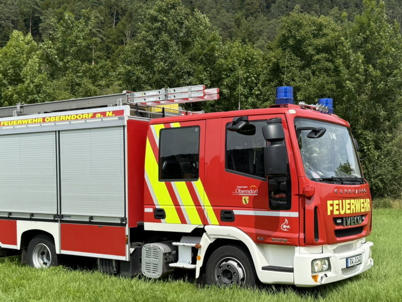 Feuerwehr-Löschfahrzeug steht auf einer Wiese. Zwei Rolltore an der Seite sind zu sehen wie eine Leiter auf dem Dach. Auf der Frontscheibe steht die Fahrzeugbezeichnung 1/45. 