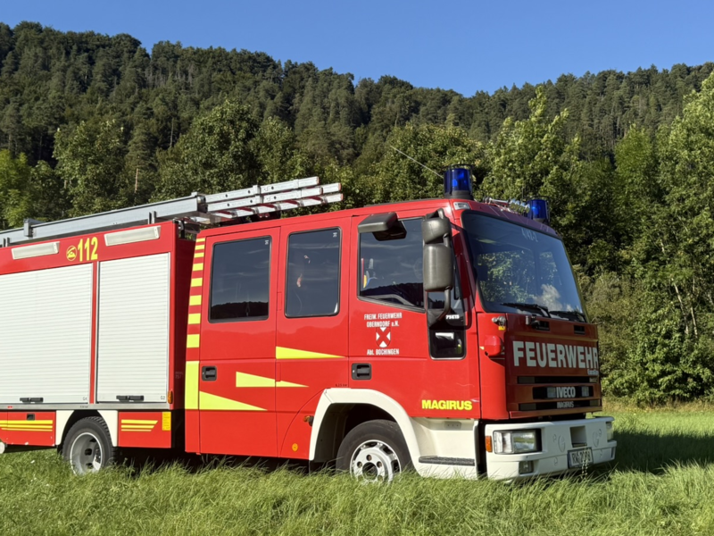 Löschfahrzeug Seitenansicht auf einer Wiese. Zwei Rolltore im hinteren Beriech. Leiter auf dem Dach. 