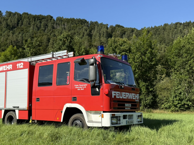 Löschfahrzeug Seitenansicht auf einer Wiese. Zwei Rolltore im hinteren Beriech. Leiter auf dem Dach. 