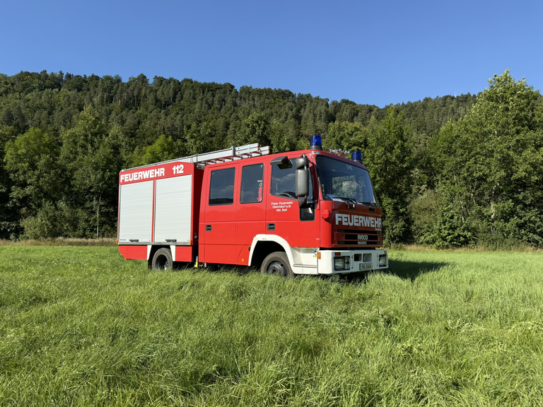 Löschfahrzeug Seitenansicht auf einer Wiese. Zwei Rolltore im hinteren Beriech. Leiter auf dem Dach. 