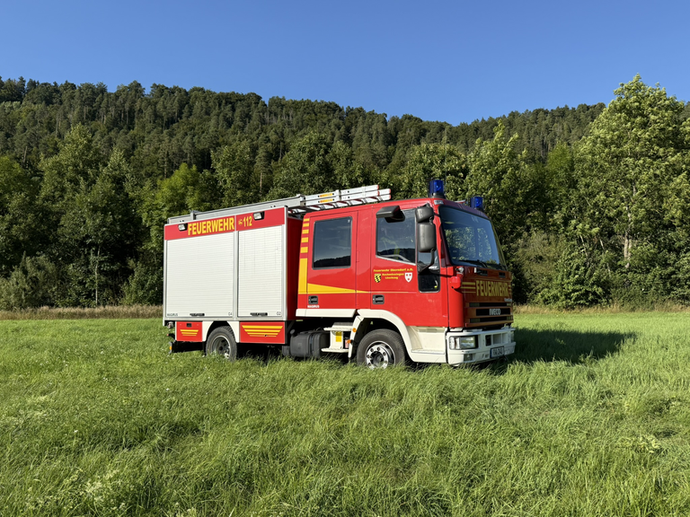 Löschfahrzeug Seitenansicht auf einer Wiese. Zwei Rolltore im hinteren Beriech. Leiter auf dem Dach. 
