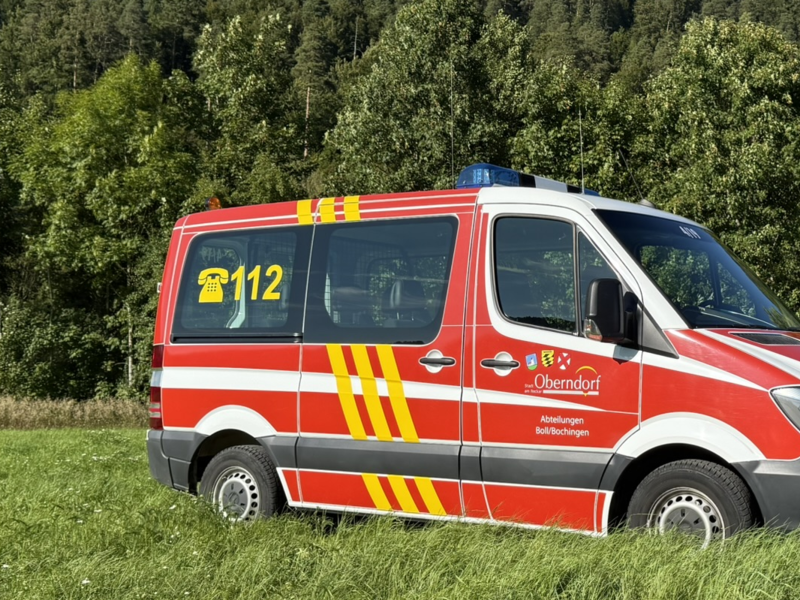 Personentransporter welcher rot, weiss, gelb in Feuerwehroptik lakiert ist. Seitenansicht auf einer Wiese im Hintergrund ist Wald zu sehen.