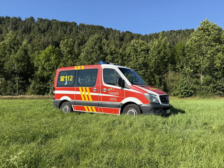 Personentransporter welcher rot, weiss, gelb in Feuerwehroptik lakiert ist. Seitenansicht auf einer Wiese im Hintergrund ist Wald zu sehen.