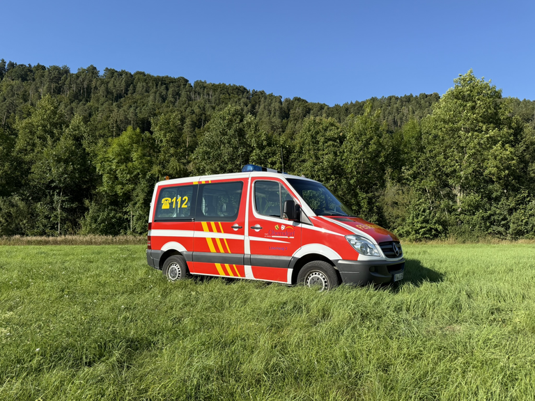 Personentransporter welcher rot, weiss, gelb in Feuerwehroptik lakiert ist. Seitenansicht auf einer Wiese im Hintergrund ist Wald zu sehen.