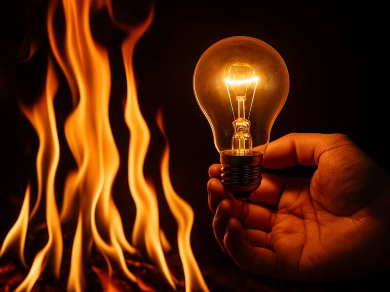 Flammen lodern im Hintergrund. Im Vordergrund ist eine Hand die eine glühenden Glühlampe hält. 