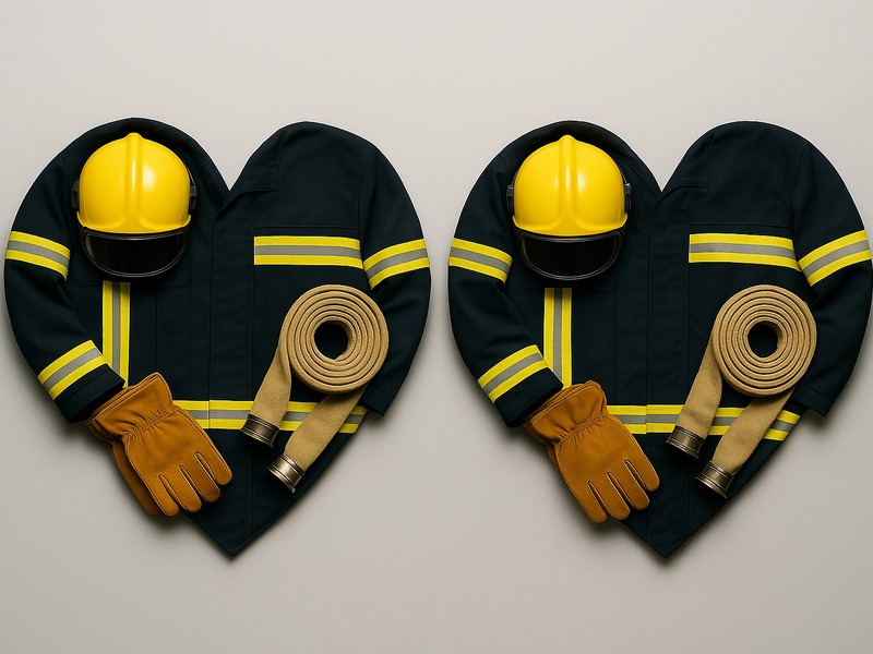 Aus Feuerwehrkleidung wurden zwei Herzen geformt. Darauf liegt jeweils ein Feuerwehrhelm, Handschuhe und ein Schlauch