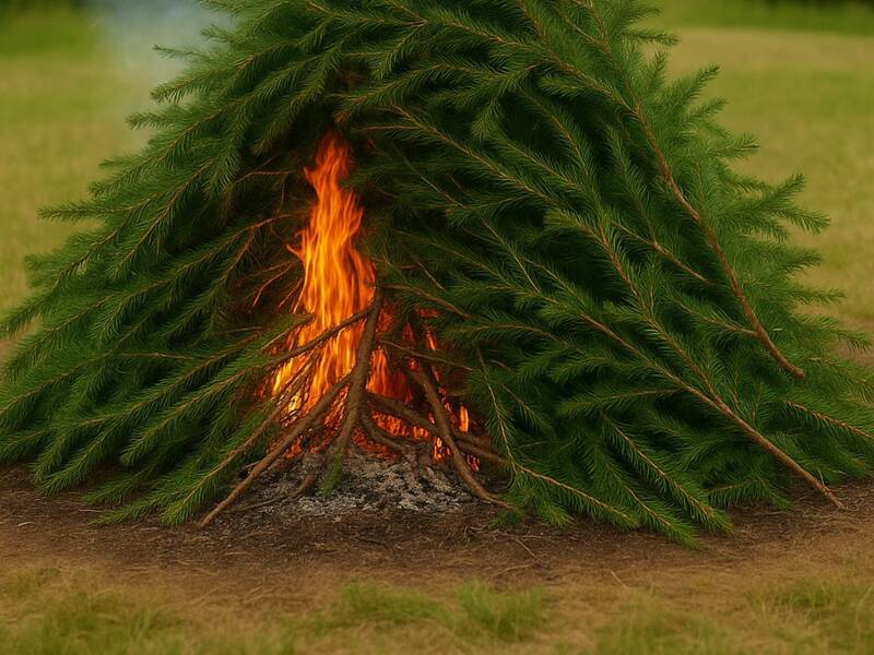 Tannenzweige sind aufgeschichtet und in der Mitte brennt der Haufen und es sind Flammen sichtbar. 